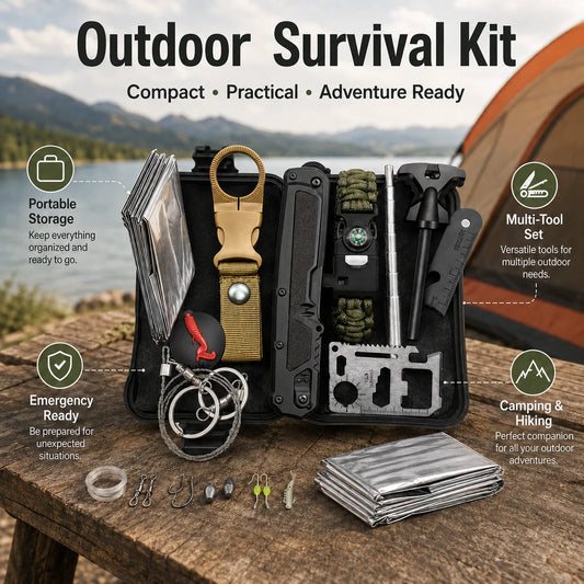 Outdoor Survival Kit with Folding Knife, Compass Bracelet, Emergency Blanket, Fire Starter, Fishing Tools & Multi-Tool Card, Portable Camping Hiking Emergency Gear Set